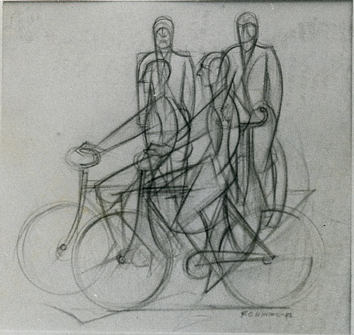 Frank Hinder, Two cyclists going left and two men waiting to cross