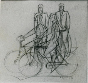 Two cyclists going left and two men waiting to cross
