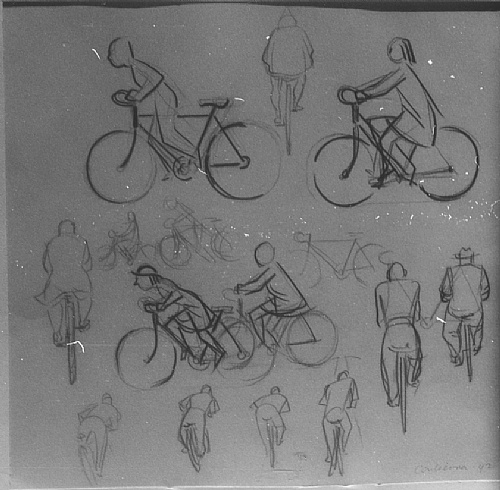 Frank Hinder, Cyclists, Canberra - drawing of individual cyclists facing left or back view