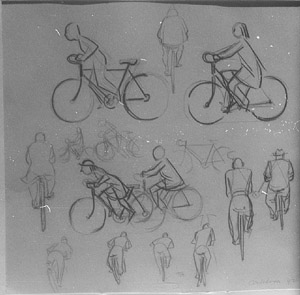 Cyclists, Canberra - drawing of individual cyclists facing left or back view