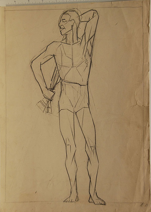 Frank Hinder, Male nude with towel behind back
