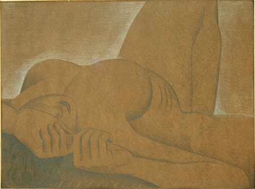 Frank Hinder, Reclining female nude foreshortened, with ribs showing