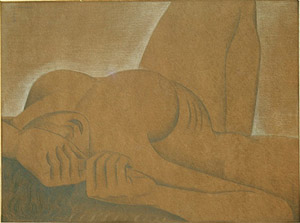 Reclining female nude foreshortened, with ribs showing