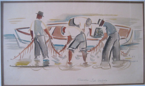 Frank Hinder, Fishermen -[four, one bent over in boat]