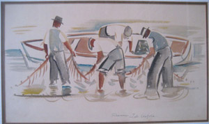 Fishermen -[four, one bent over in boat]