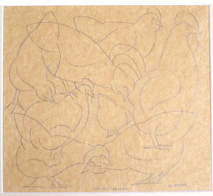 Rooster and chooks - study for drawing and lithograph
