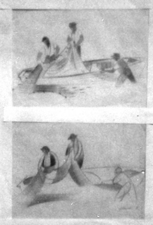Fishermen hauling nets -two of three similar studies [Three fishermen - two in boat, one in water]