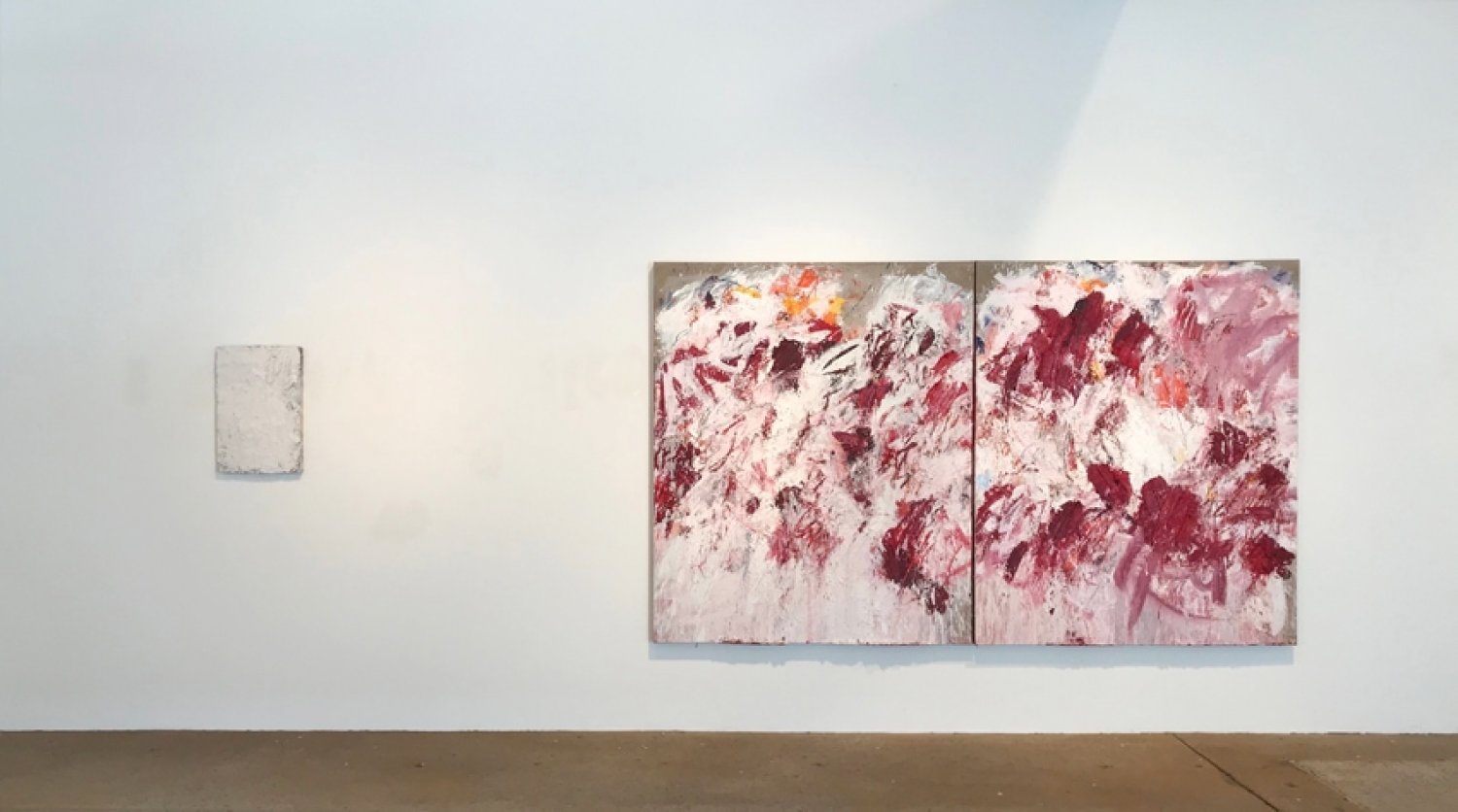 Aida Tomescu, Left: In a carpet made of water, 2017 oil and silver pigment on wood panel, 60 x40 cm. Right: Under the Iron of the Moon I, 2017 oil and silver pigment on canvas, 183 x 306 cm