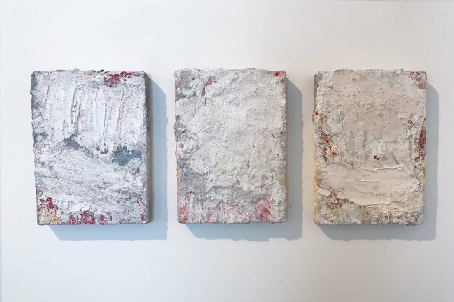 Aida Tomescu, Left: In a carpet made of water I, 2017 oil, silver pigment on Belgian linen, 36 x26 cm. Middle: In a carpet made of water II, 2017 oil, silver pigment on Belgian linen, 36 x26 cm. Right: In a carpet made of water III, 2017 oil, silver pigment on Belgian linen, 36 x 26 cm