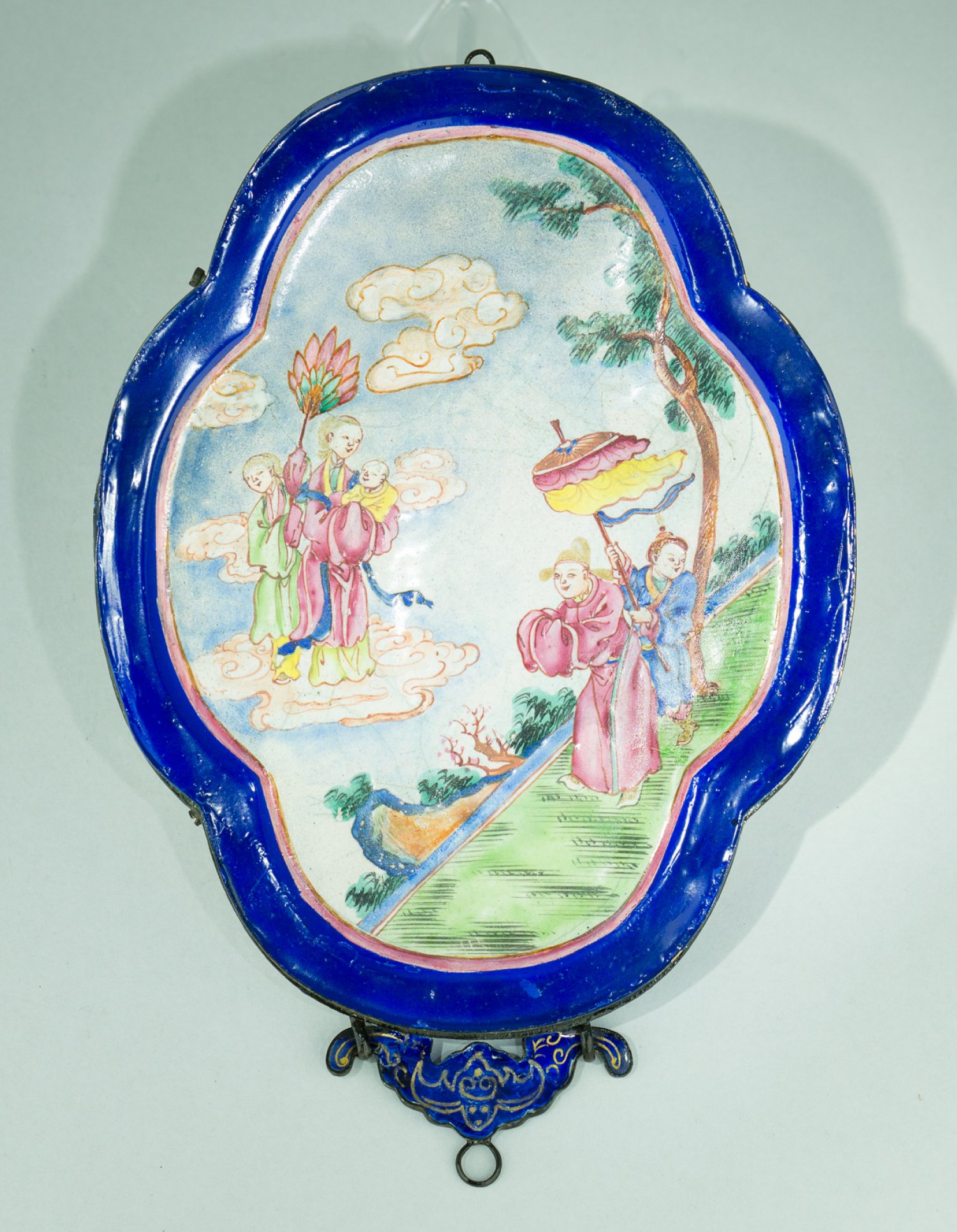 Chinese enamel mirror, scene to reverse, late 18th century