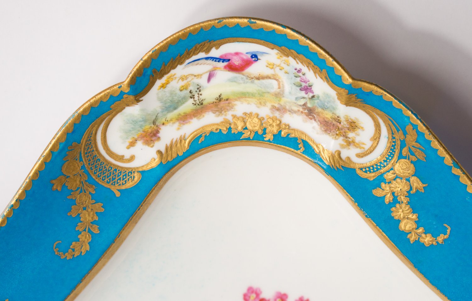 Sevres dish with Bleu Celeste ground, birds, by Randall, 1780 & later