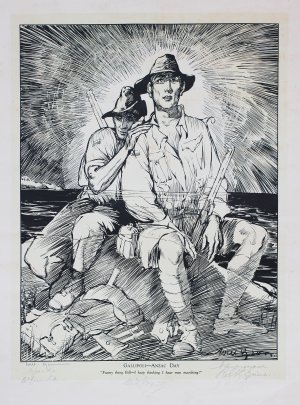 After Will Dyson ANZAC DAY 'Ghost of Gallipoli' print signed by John Monash & 5 Victoria Cross winners