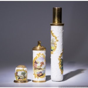 Rare Staffordshire enamel bodkin case with thimble & perfume flask, c. 1770