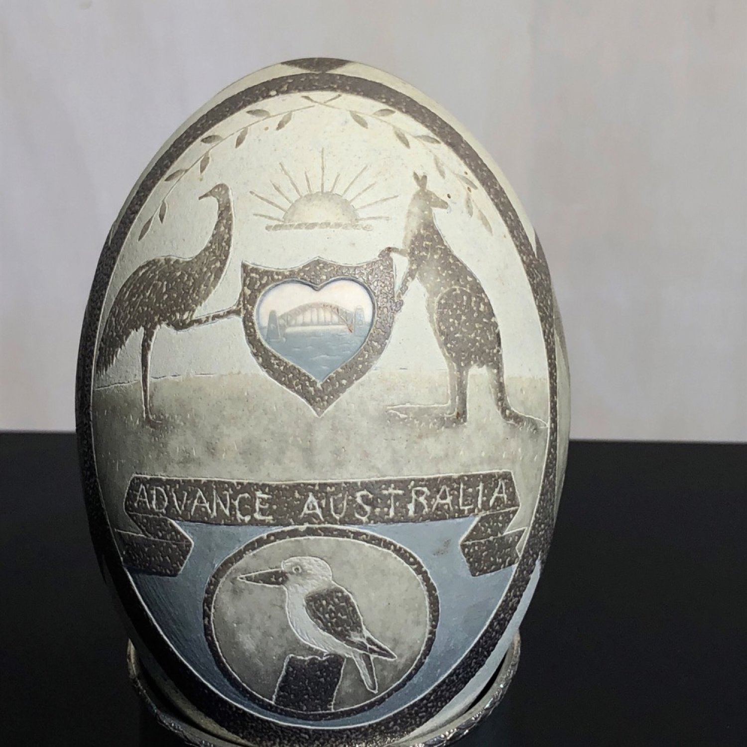 Quality pair of Australian Emu Eggs, Aboriginals, Koala, Kangaroo, Advance Australia, Melbourne Cup horse 'Marbou'  c. 1936