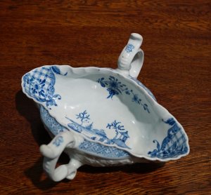Excellent early Worcester double-handled sauceboat,'Two Handled Sauceboat Landscape' pattern, c. 1755 