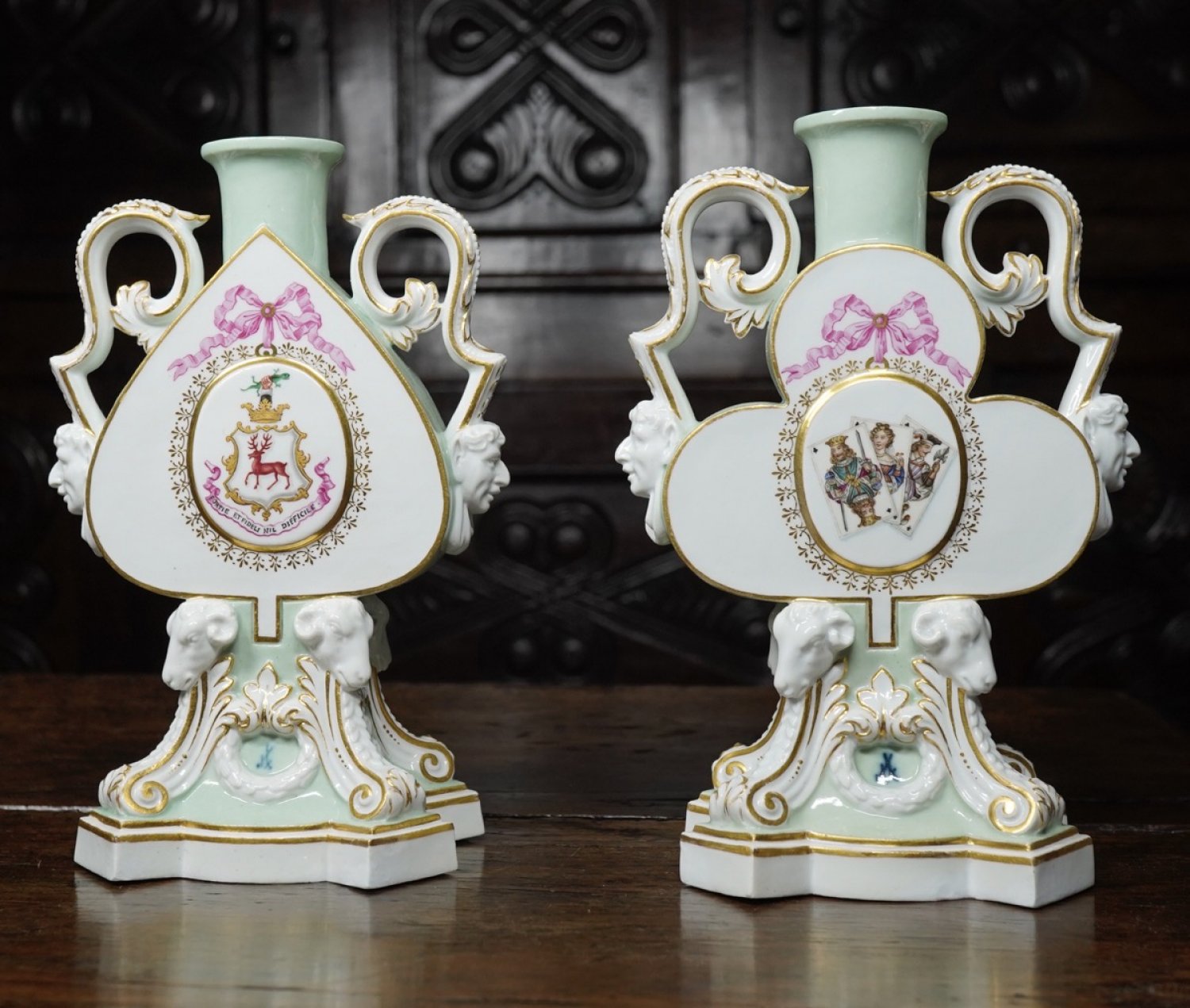 Rare Pair of Meissen playing card theme candlestick vases, made for Litchfield of London 1876