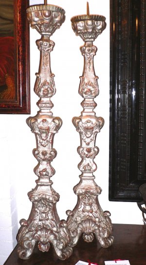 898   A beautiful pair of silver gilt carved wood torcheres  