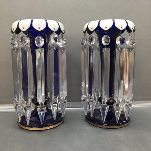 19th Century Blue Glass Lustre Candlesticks