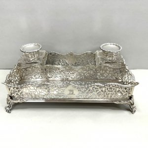 A Victorian Sterling Silver & Cut Crystal Crested Inkstand.
