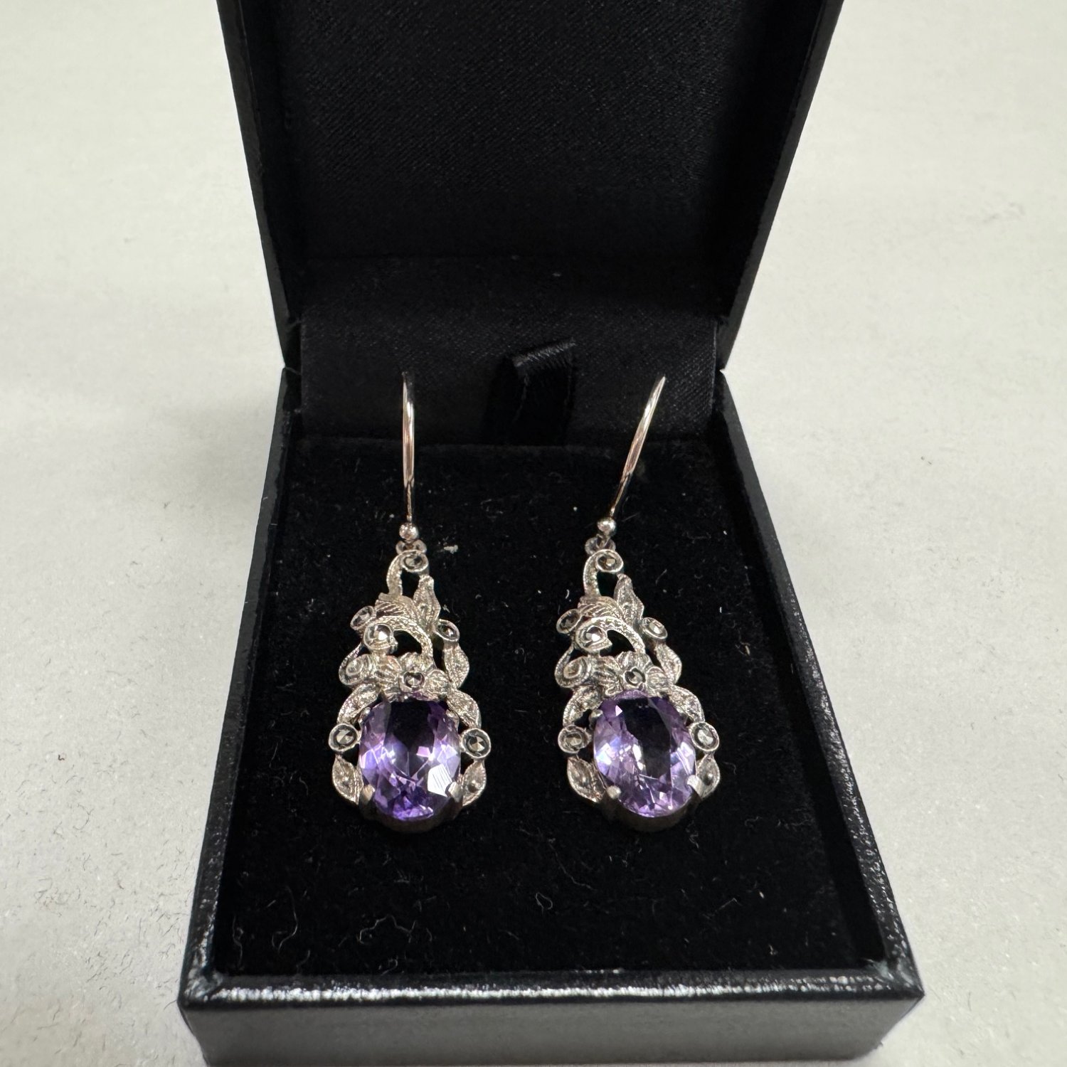 A Pair of French Silver, Amethyst and Marcasite Earrings