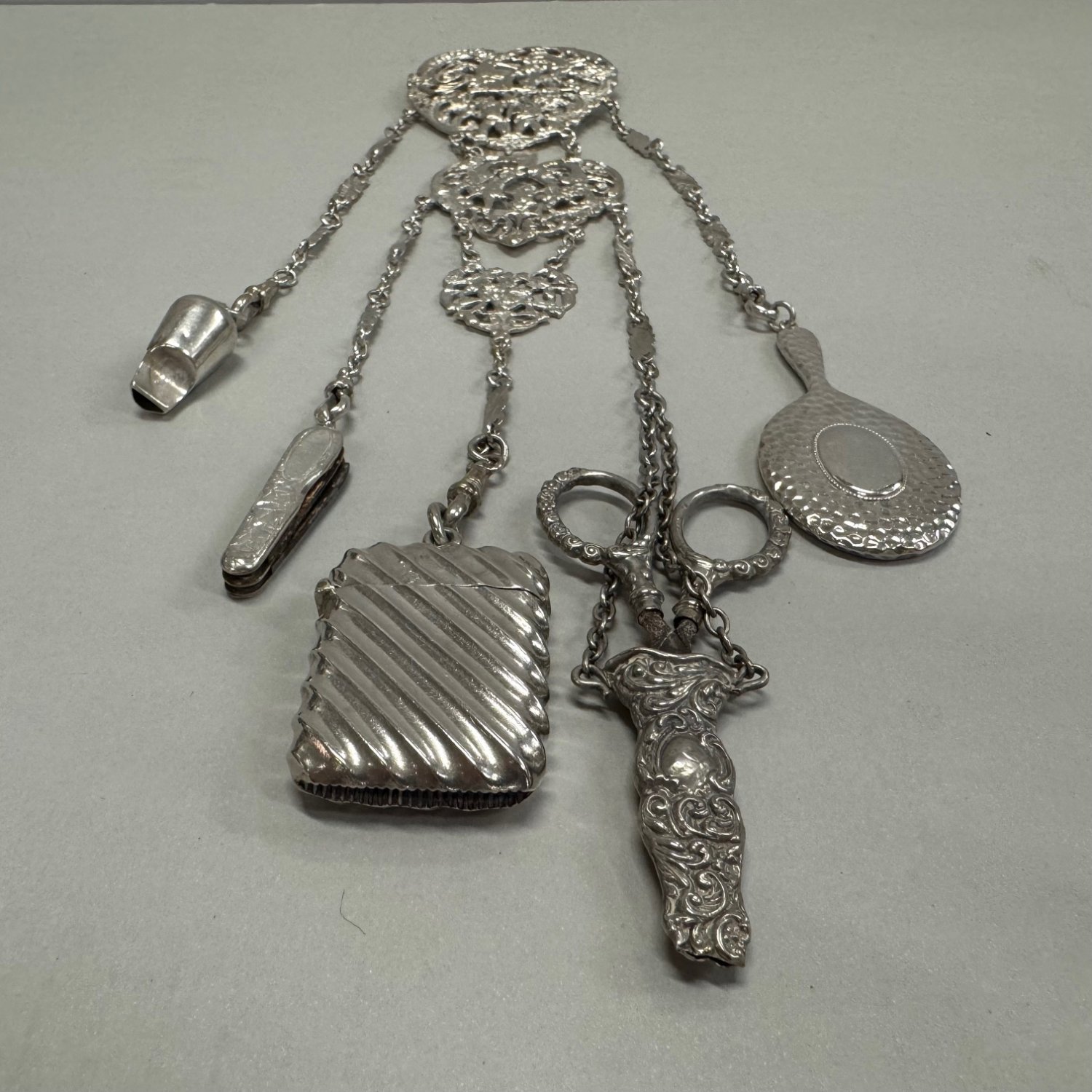 A Victoian Sterling Silver Cast 5 Piece Chatelaine