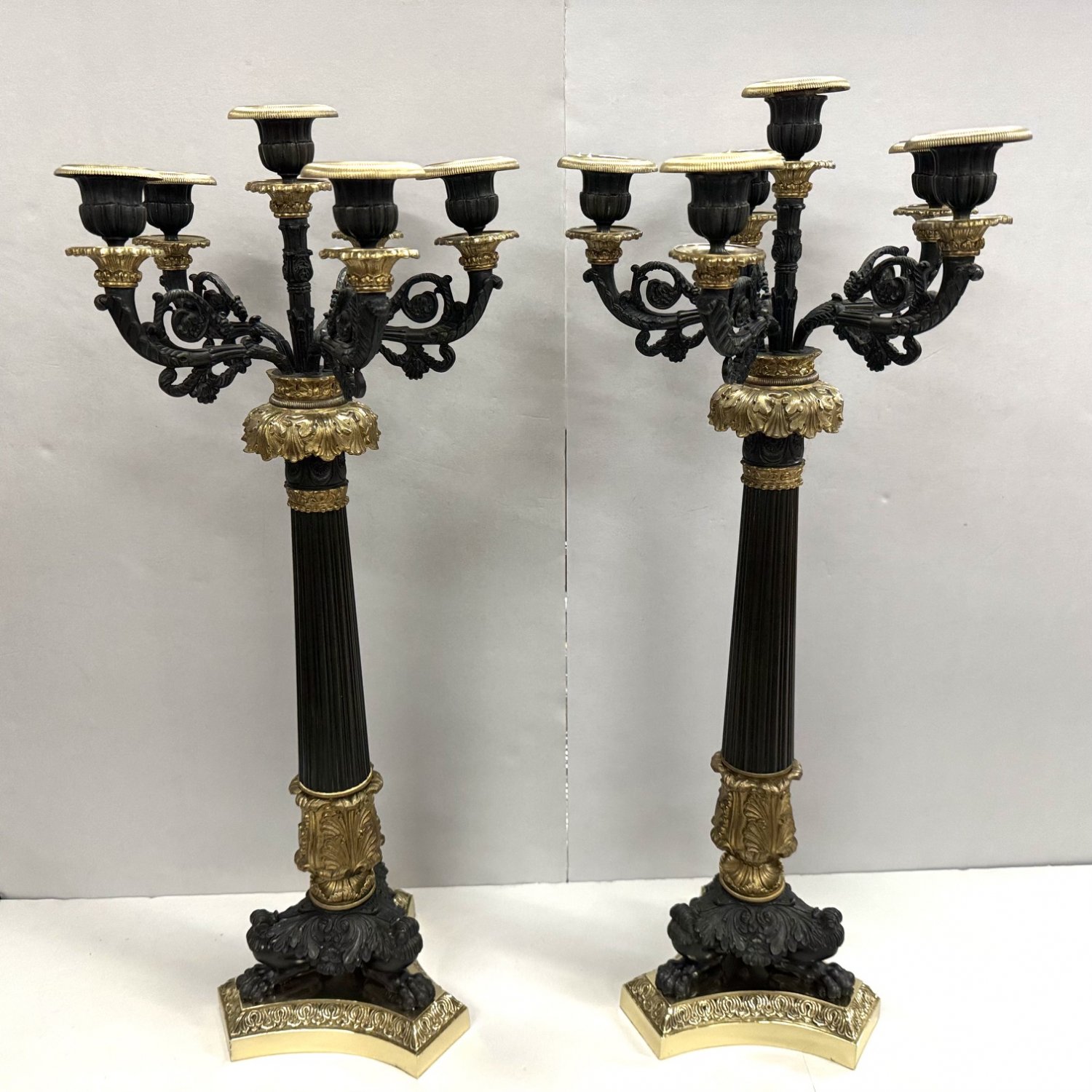 A Pair of 19th Century French Bronze Acanthus Candelabra 