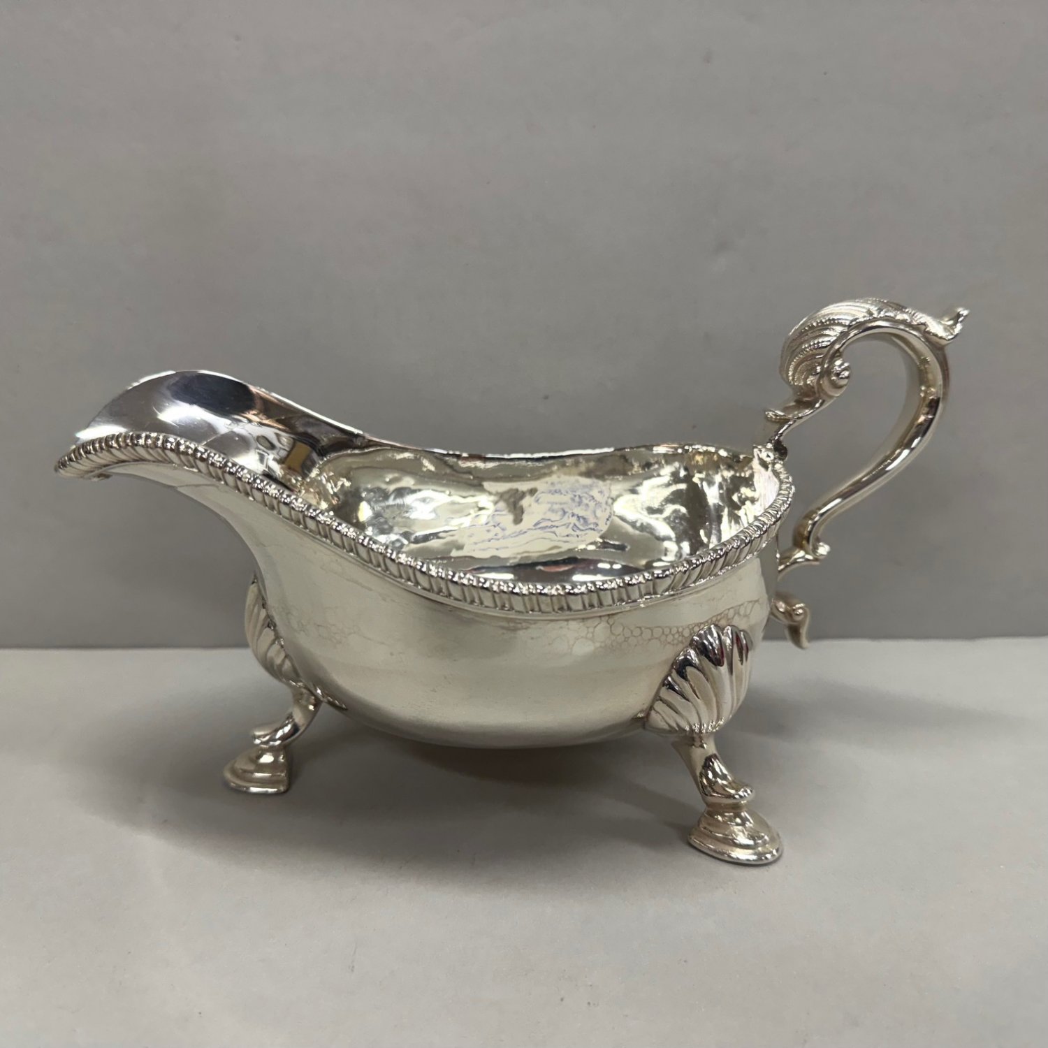 A Fine George III Sterling Silver Gadroon Edge Scroll Handle Sauce Boat