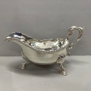 A Fine George III Sterling Silver Gadroon Edge Scroll Handle Sauce Boat
