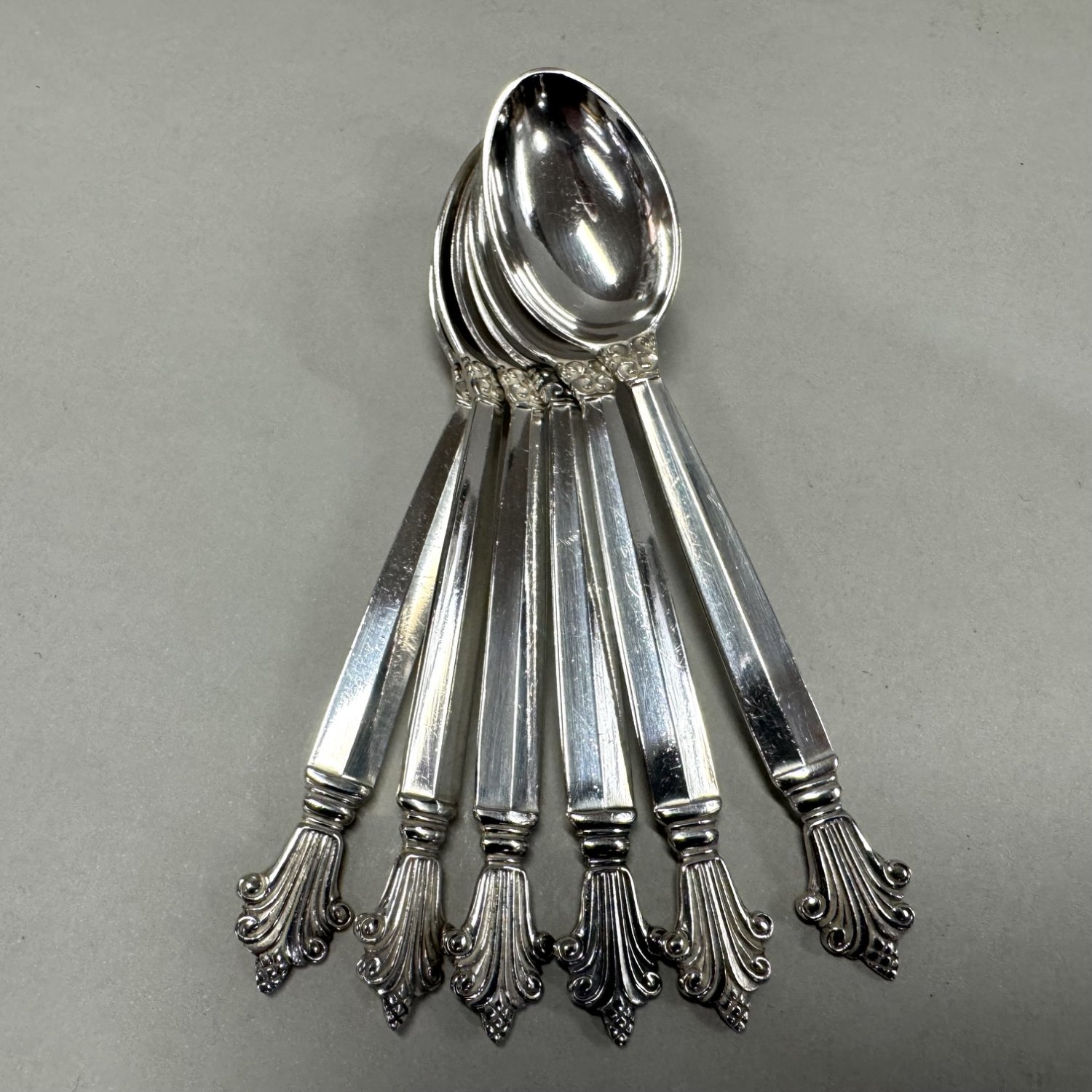 A set of 6 early Georg Jensen Sterling Silver 'Acanthus'  Pattern Tea Spoons.