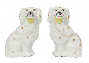 Pair Staffordshire Dogs with Floral Baskets