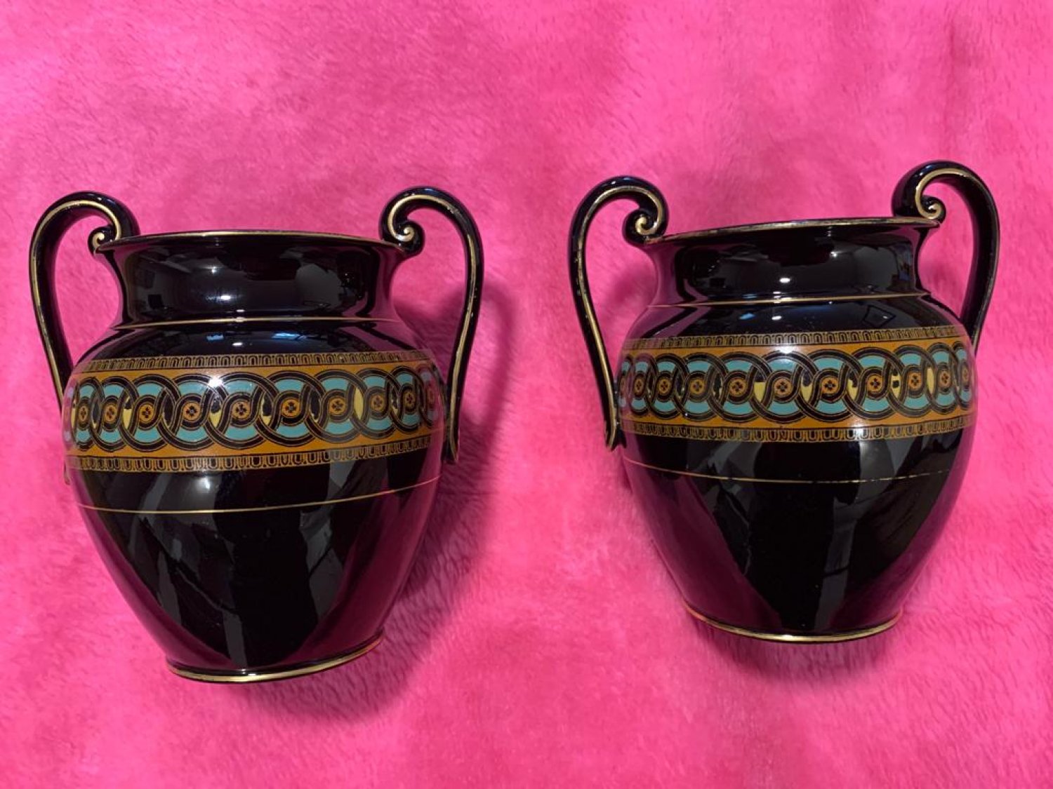 Pair Jackfield ware double handle vases