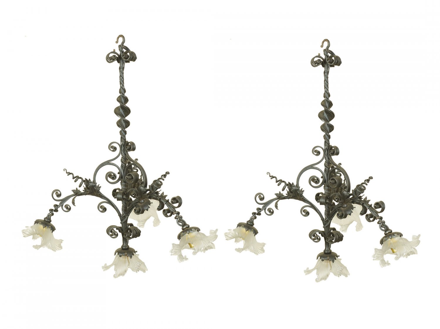 Pair of wrought iron chandeliers