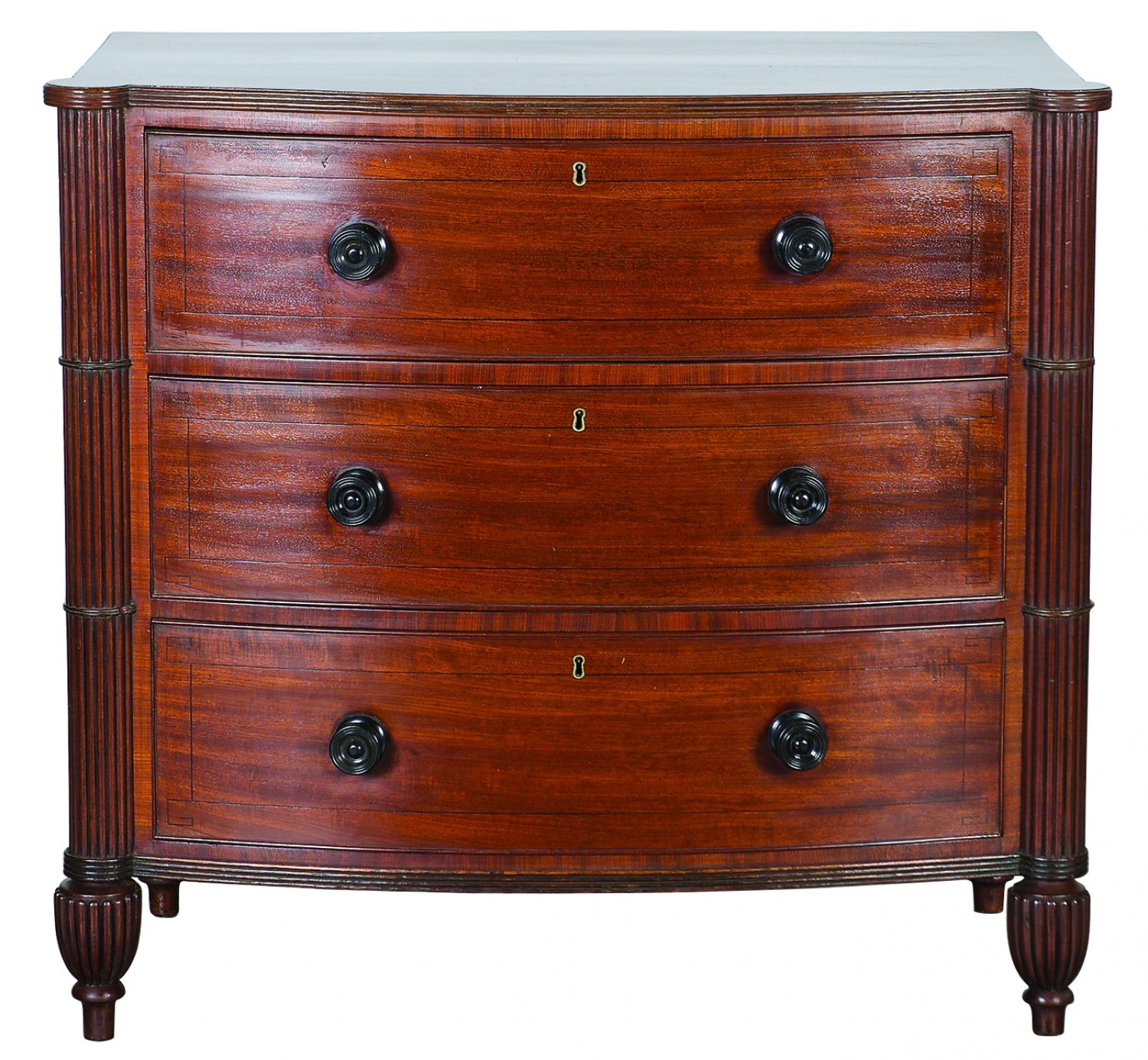 Regency period mahogany three drawer commode, with ebony stringing and knobs 