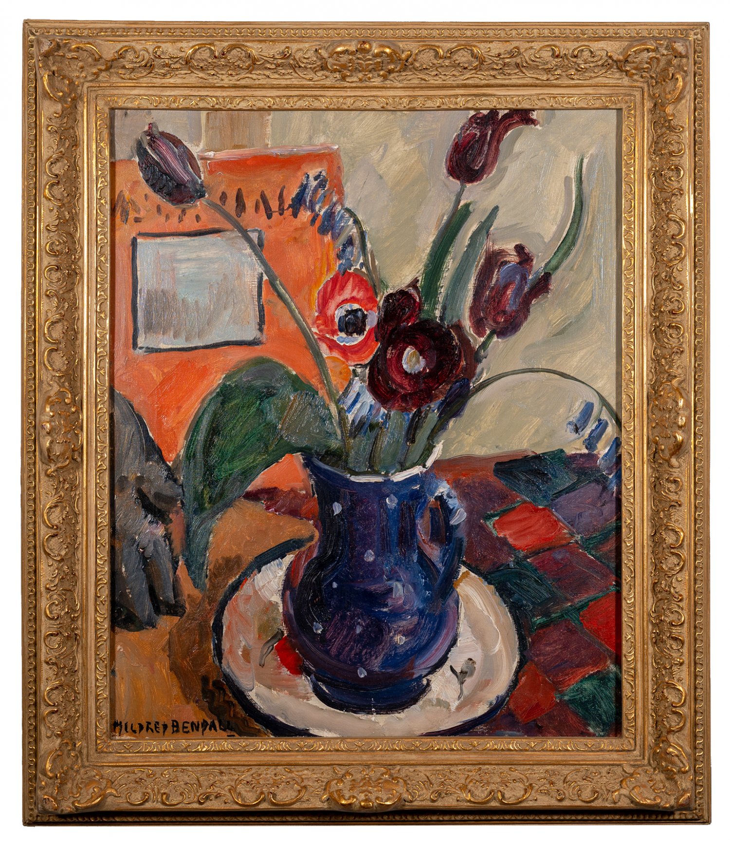 'Tulips in a Blue Vase' oil on canvas c1930 by Mildred Bendall