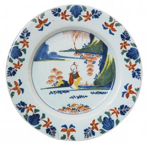 Polychrome Chinoiserie charger by Abigail Griffith, Lambeth High Street Pottery c1770