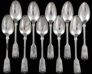 Sterling Silver - Set of 10 large Fiddle & Shell pattern teaspoons, Newcastle 1857 by Lister & Sons