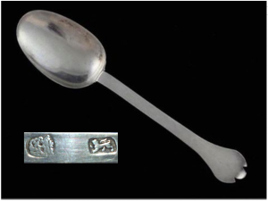 A very Scarce 17th Century Sterling Standard trefid dessert spoon.  London 1680-1697.  