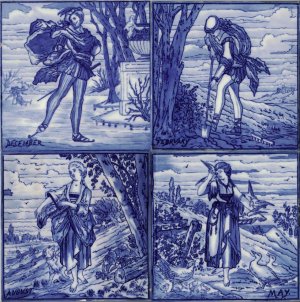 Copeland Spode Blue and White Tiles designed by Lucien Besche (d.1901) from her "Months of the Year" series 