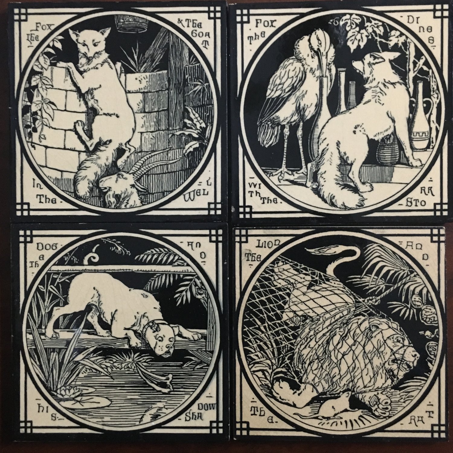 A selection of MINTONS ceramic tiles illustrating Aesop's Fables.  Block printed.