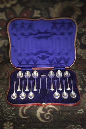 Sterling silver teaspoons & sugar tongs