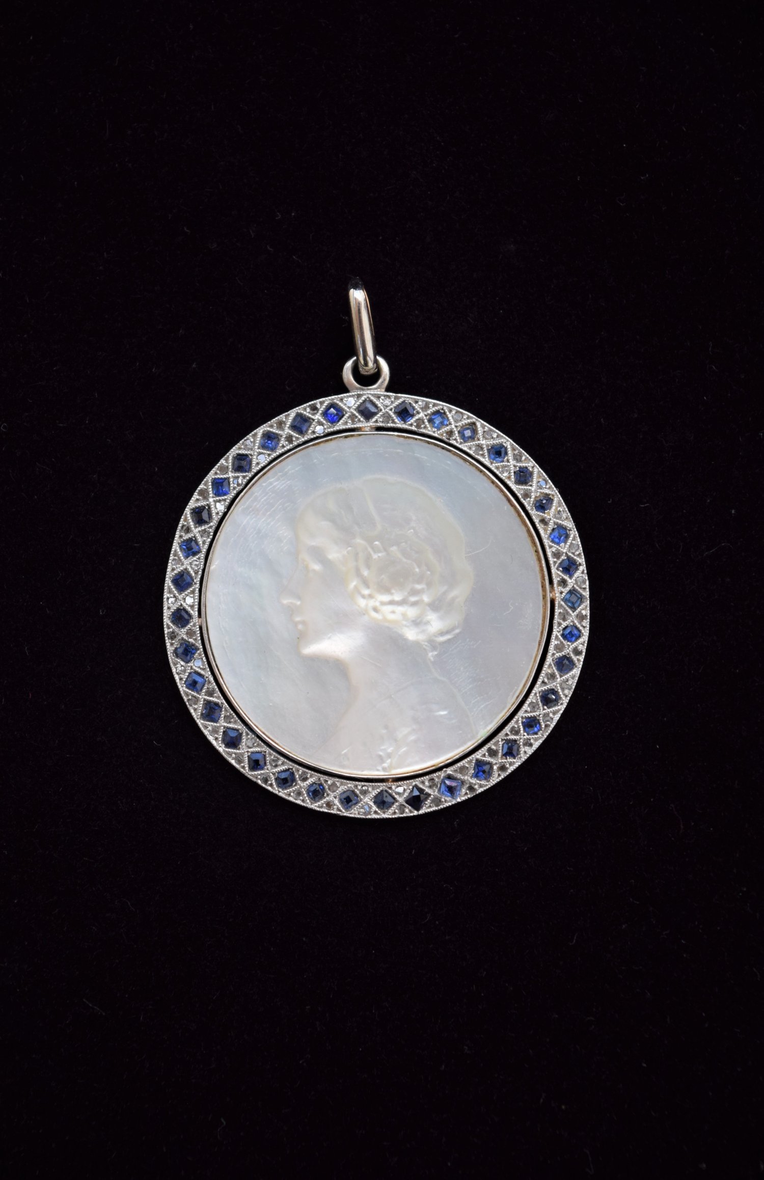 Art Deco Sapphire, Diamond & Mother-of-Pearl Cameo Pendant
