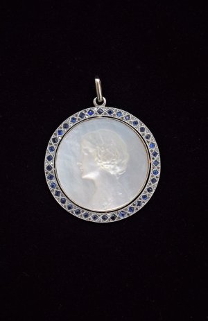 Art Deco Sapphire, Diamond & Mother-of-Pearl Cameo Pendant
