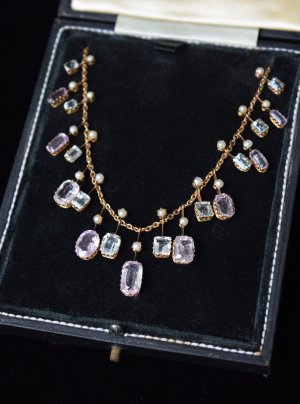 Edwardian Pink Beryls, Aquamarines & Seed Pearl Necklace