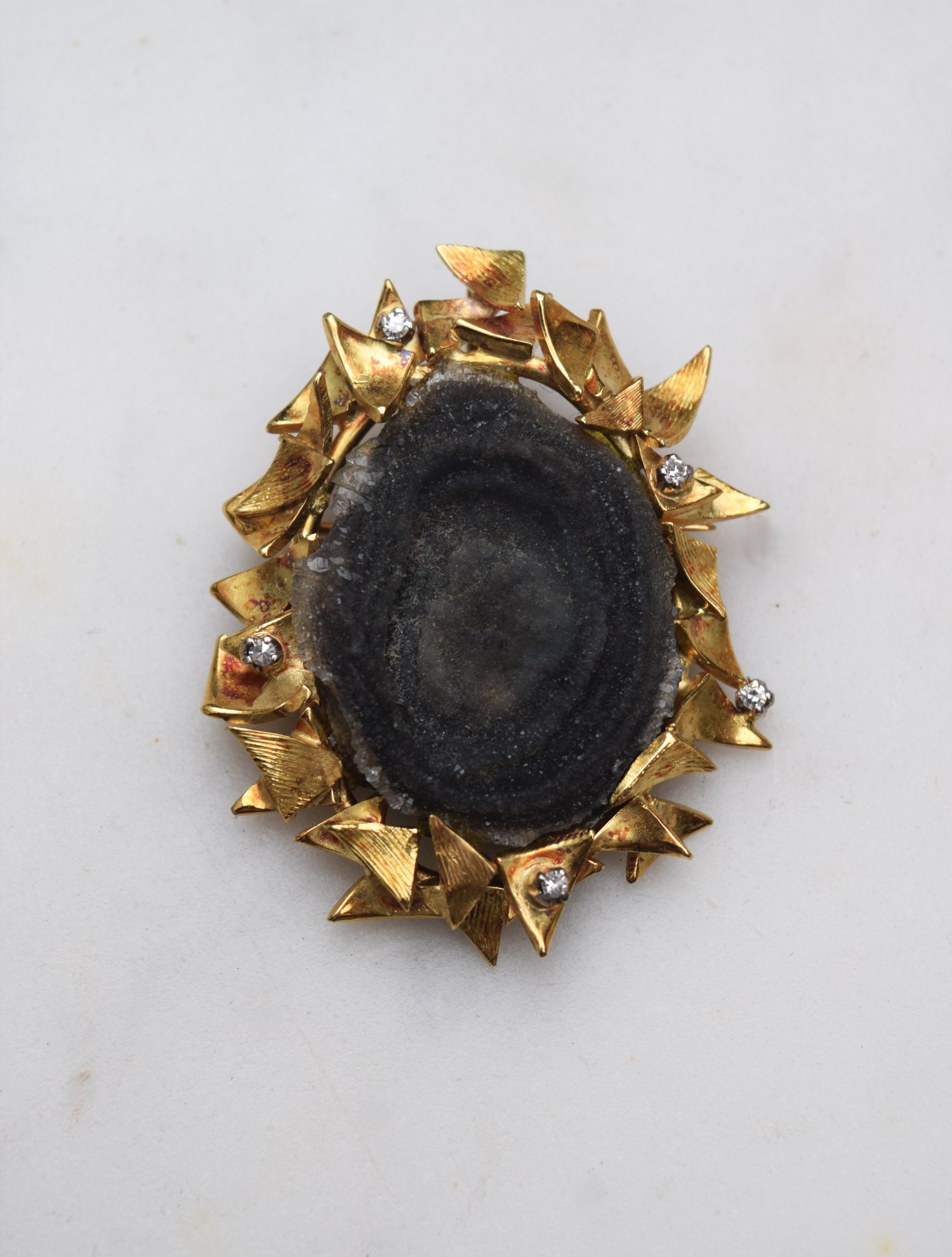 "Brutalist" Druzy Quartz, 18ct Yellow Gold & Diamond Brooch/Pendant