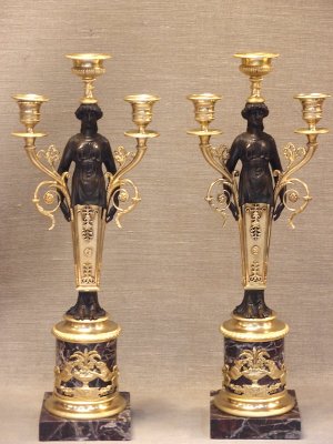 C1815 pair large French Empire Ormolu and Bronze Figural Candelabra