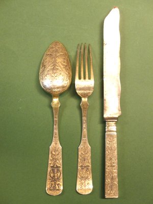 Russian Silver, Niello and Gilt Knife, Fork and Spoon Set. Nicholas I period.