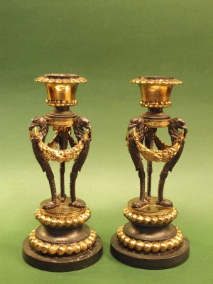 Regency Bronze and Ormolu Candlesticks, Cheney of London.