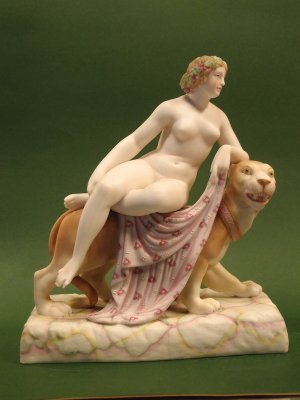 Limoges Coloured Parian Porcelain Ariadne on her Leopard.