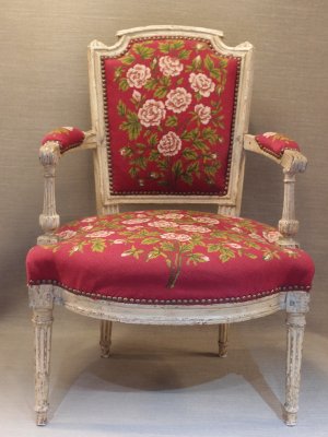 PAIR C1780 Louis XVI Period Fauteuil (Open Armchairs) , Red Needlework Upholstery.