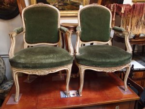 Good C1820 Pair of Restauration, Louis XV style Fauteuil Armchairs